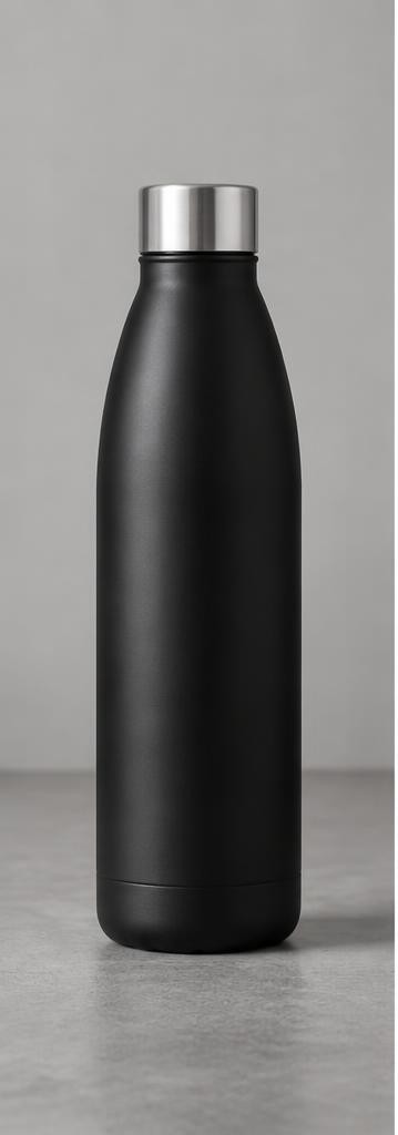 Raw product view of an illustrative matte black water bottle