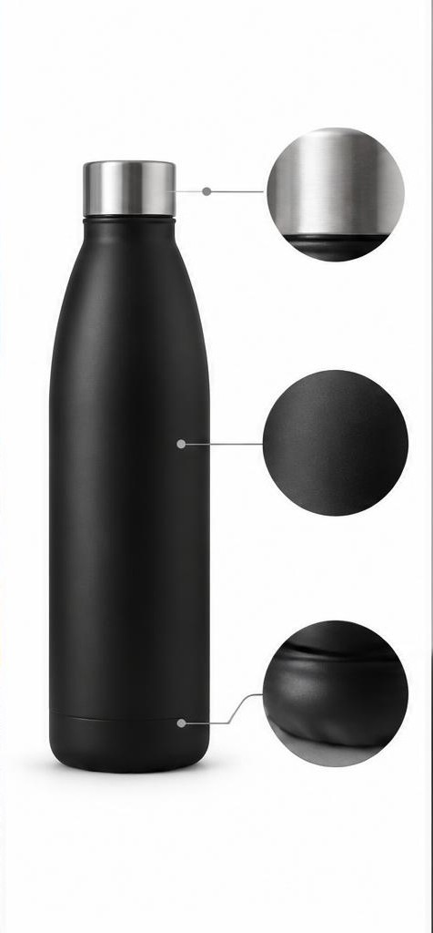 Infographic view of an illustrative matte black water bottle